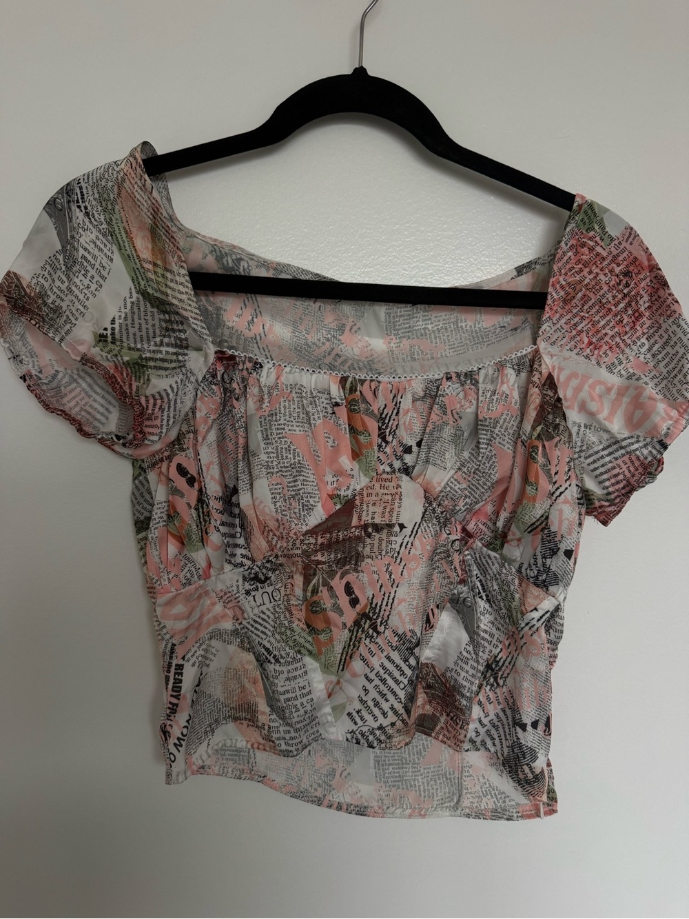 Sheer Pink Newspaper-Print Peasant Top